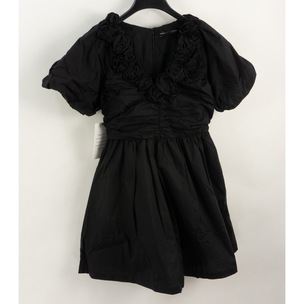 New English Factory Black Poplin Short Sleeve Floral Ruffle Mini Dress Smallโ